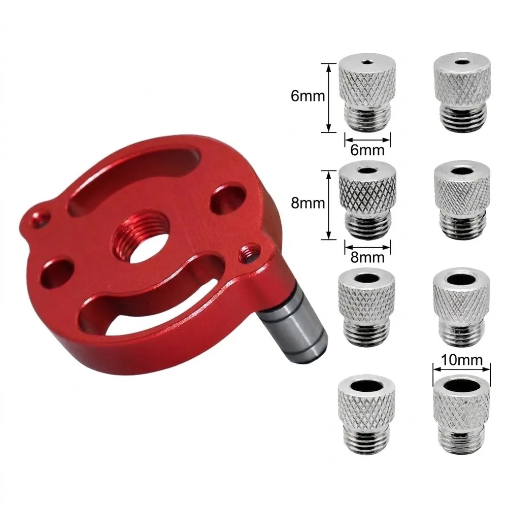 Stainless Steel Drill Bushings Set Mounted on Aluminum Base for Stable Vertical Drilling in Furniture Assembly