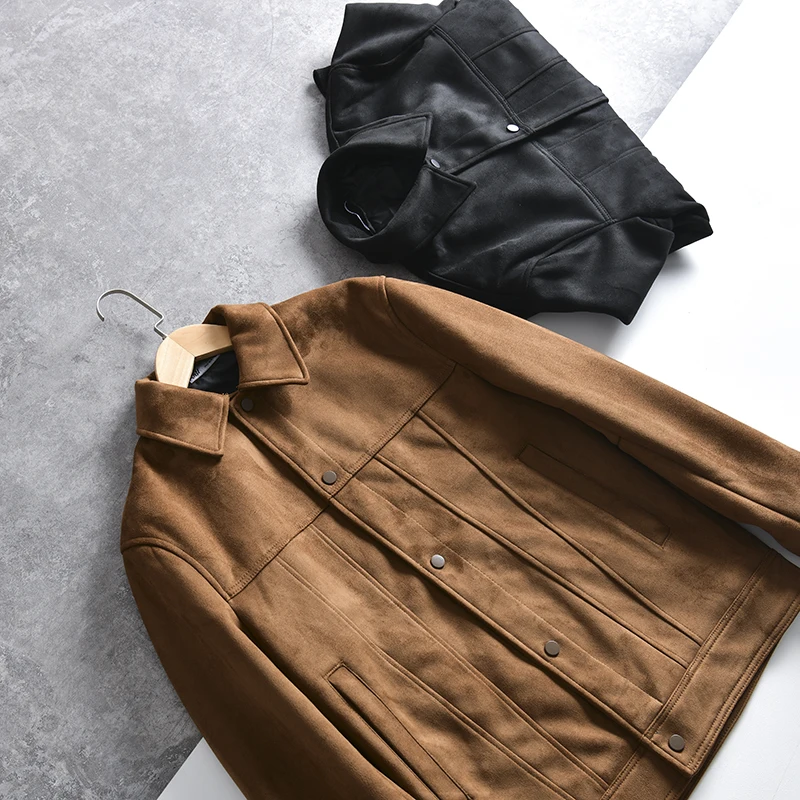 European Style Suede Men's Casual Workwear Jacket Pure Color Collarless Coat Autumn Winter Polyester Fiber Long Sleeve Outfit
