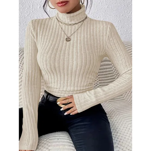 Imagen 1 del producto Suéter de punto de cuello alto de punto acanalado ajustado para mujer de talla grande 1XL-5XL manga larga gris claro elegante jersey versátil Top