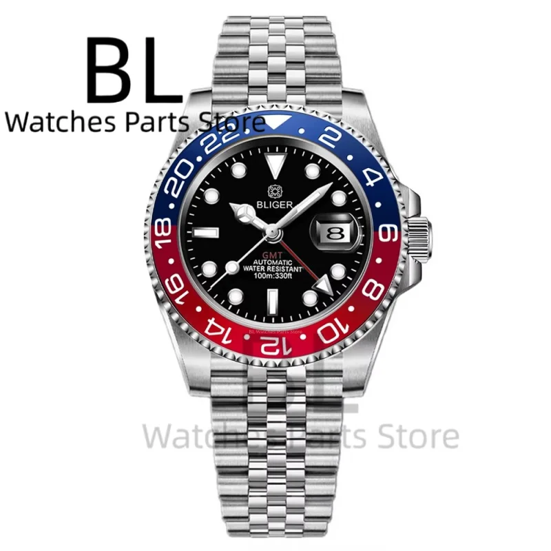BLIGER Custom Logo 40MM Black White Dial GMT Watch For Men Luxury Mechanical Watch Sapphire Glass Waterproof Stainless GMT Watch