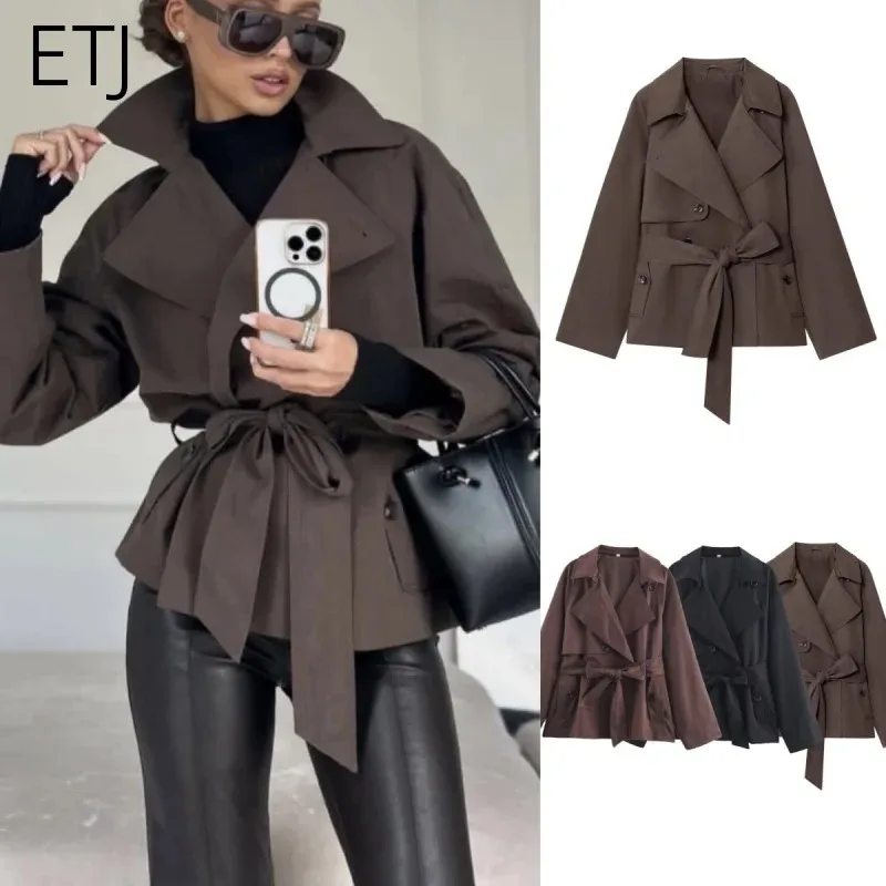 

Autumn new collection women's British style lapel double-breasted Maillard color belt casual trench coat