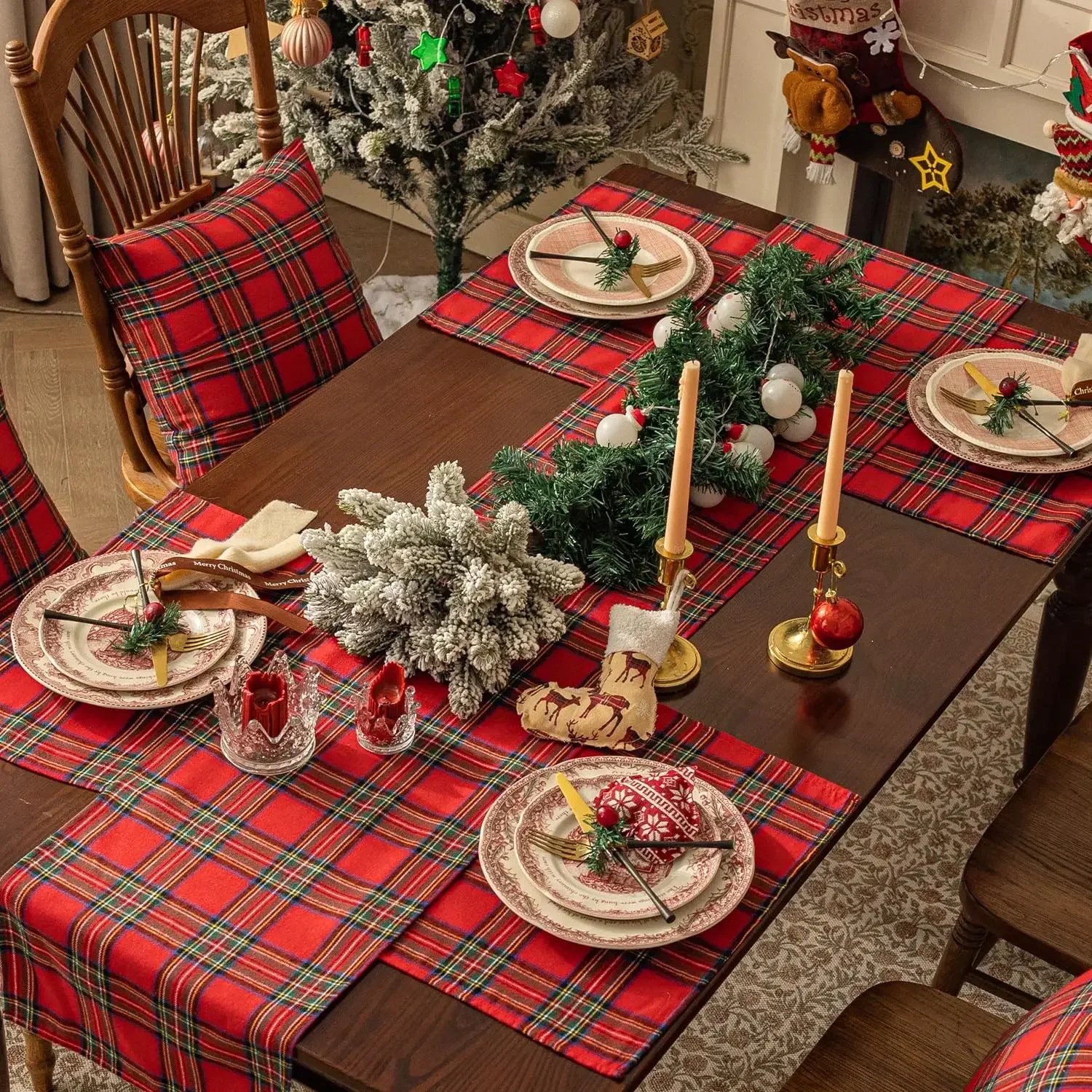 Napperons de table de Noël en tartan rouge doux, plaid, serviettes de gril, cuisine décorative, fête, décoration de la maison, 4 pièces