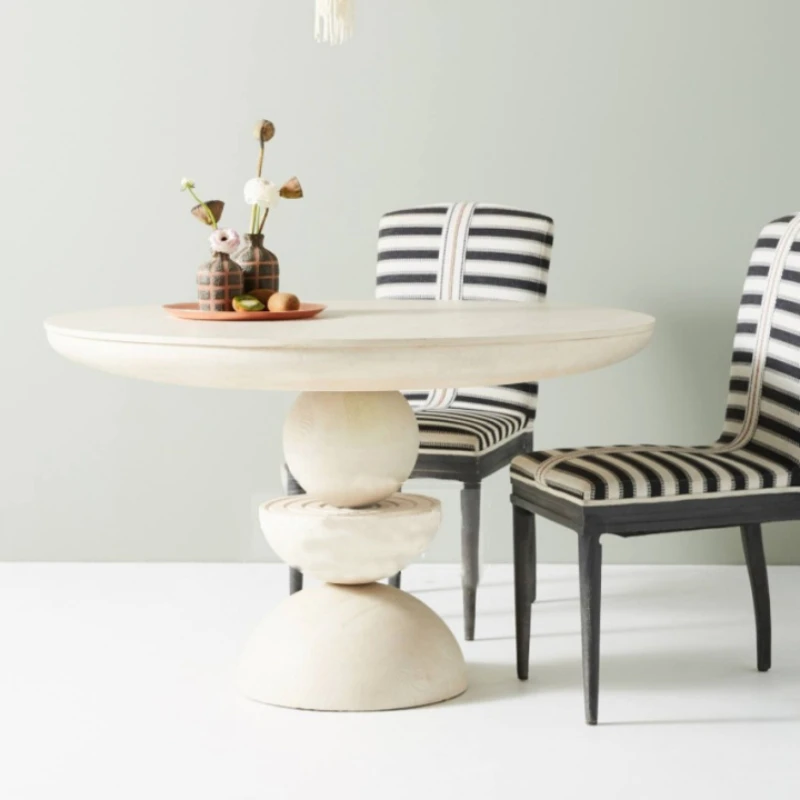 

White old solid wood round dining table, postmodern light luxury, retro tea table, dining table