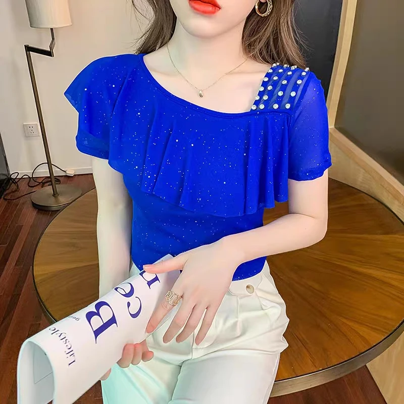 New Summer Femme Clothes Mesh T-Shirt Women Chic Sexy Off Shoulder TShirt Shiny Diamonds Tees Ruffles Patchwork Short Sleeve Top