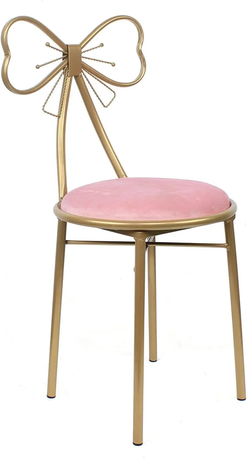 Vanity Stool,Butterfly Bow Tie Pink Vanity Chair Velvet Cushion Metal Frame Lounge Dresser Seat with Butterfly Backrest Also Use