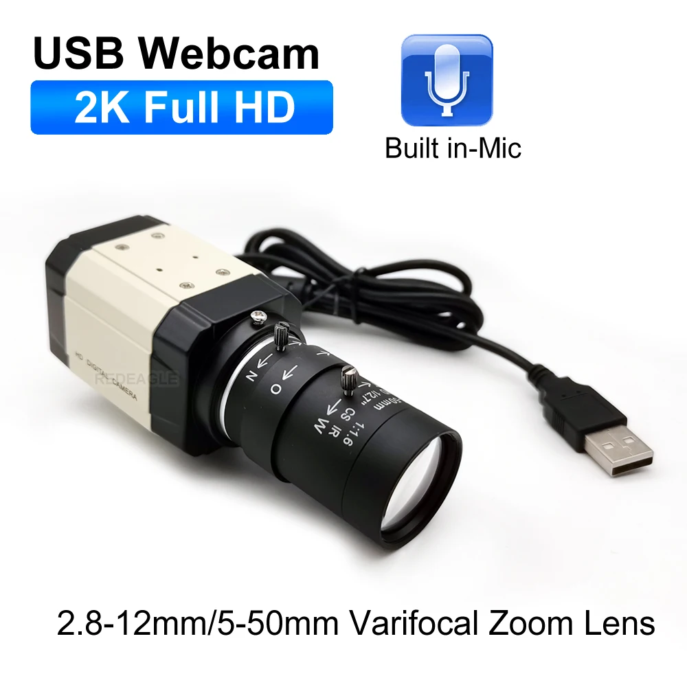 HD 2K PC Webcam 5-50mm Varifocal CS Lens 4MP 2560x1440 Resolution High Speed USB Camera Built In Microphone UVC OTG Video Camera