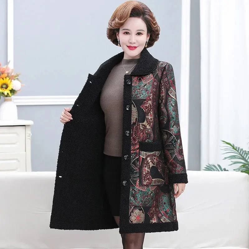 Middle-aged Mom Fur Jacket  Autumn Winter Faux Cashmere Splicing Overcoat Women Fur integration Fur Coat Large Size XL-5XL Coats