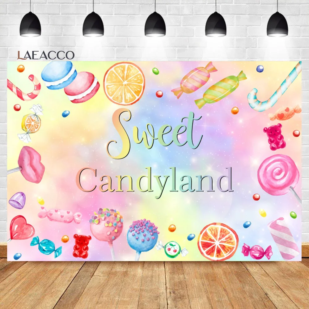 

Laeacco Sweet Candyland Backdrop Lollipop Macaron Rainbow Glitter Kids Baby Birthday Portrait Customized Photography Background