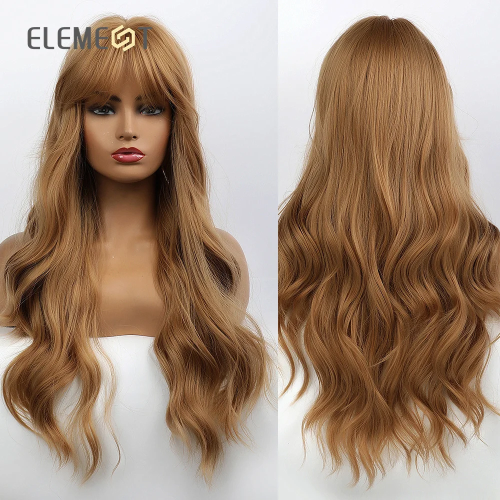 Element Synthetic Long Wavy Golden Blonde Brown Hair Wigs with Bangs Body Wave Curly Wig for Women Daily Natural Heat Resistant