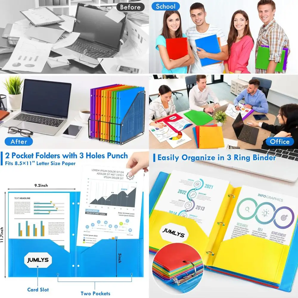

Multicolor Heavy-Duty 3-Hole Punch Pocket Folders for Letter Size Paper, Ideal for School and Office Use
