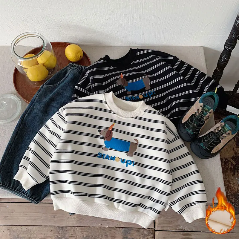 

Winter Boys Sweatshirts 2025 Plus Velvet Children's Striped Sweater Fleece Warm Pullovers for Kids Toddler Blouse Baby Outfits