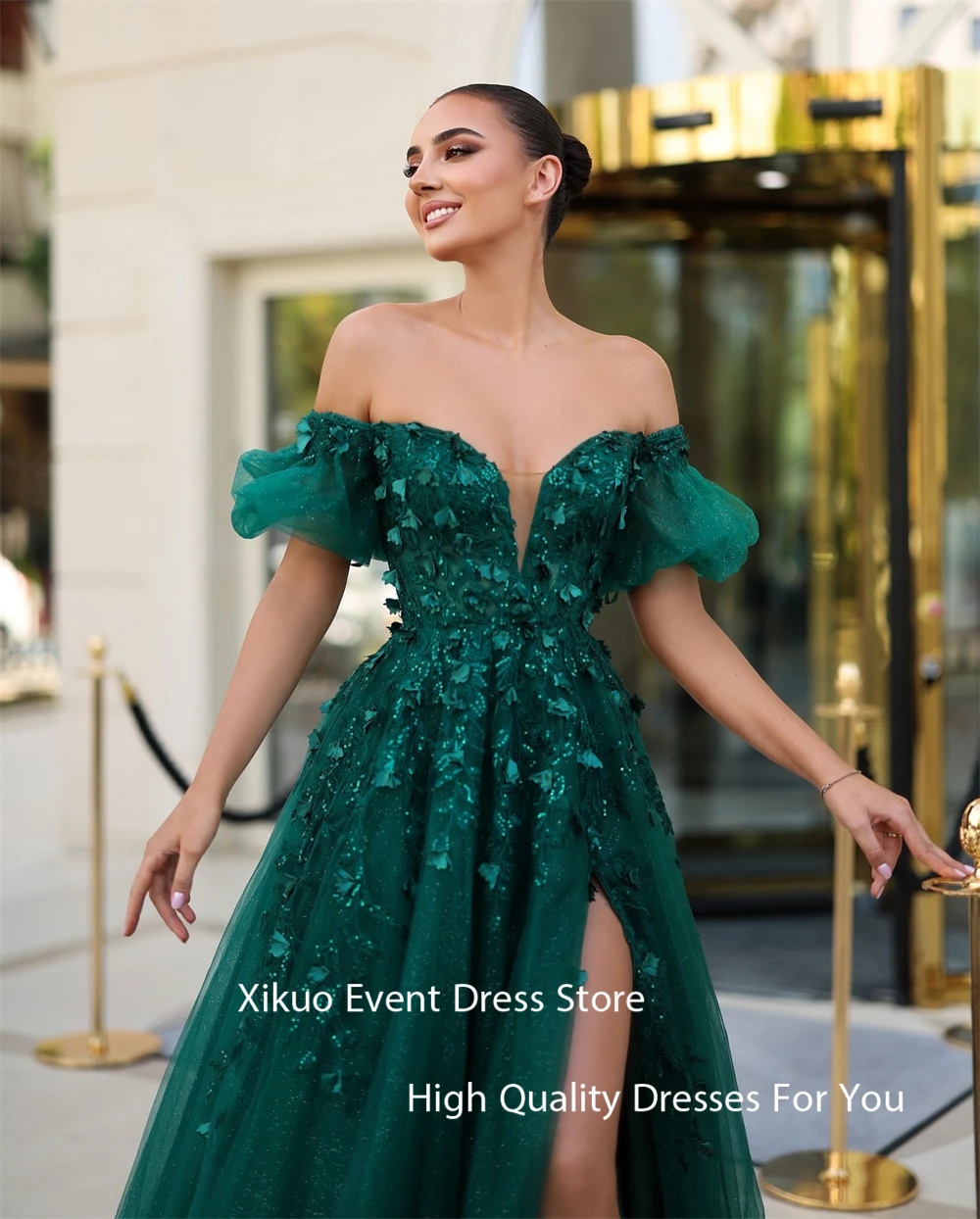 Xikuo Elegant Tulle Evening Dress Women A Line Off The Shoulder Slit Vestidos De Gala Sweetheart Appliques Prom Gowns Customized