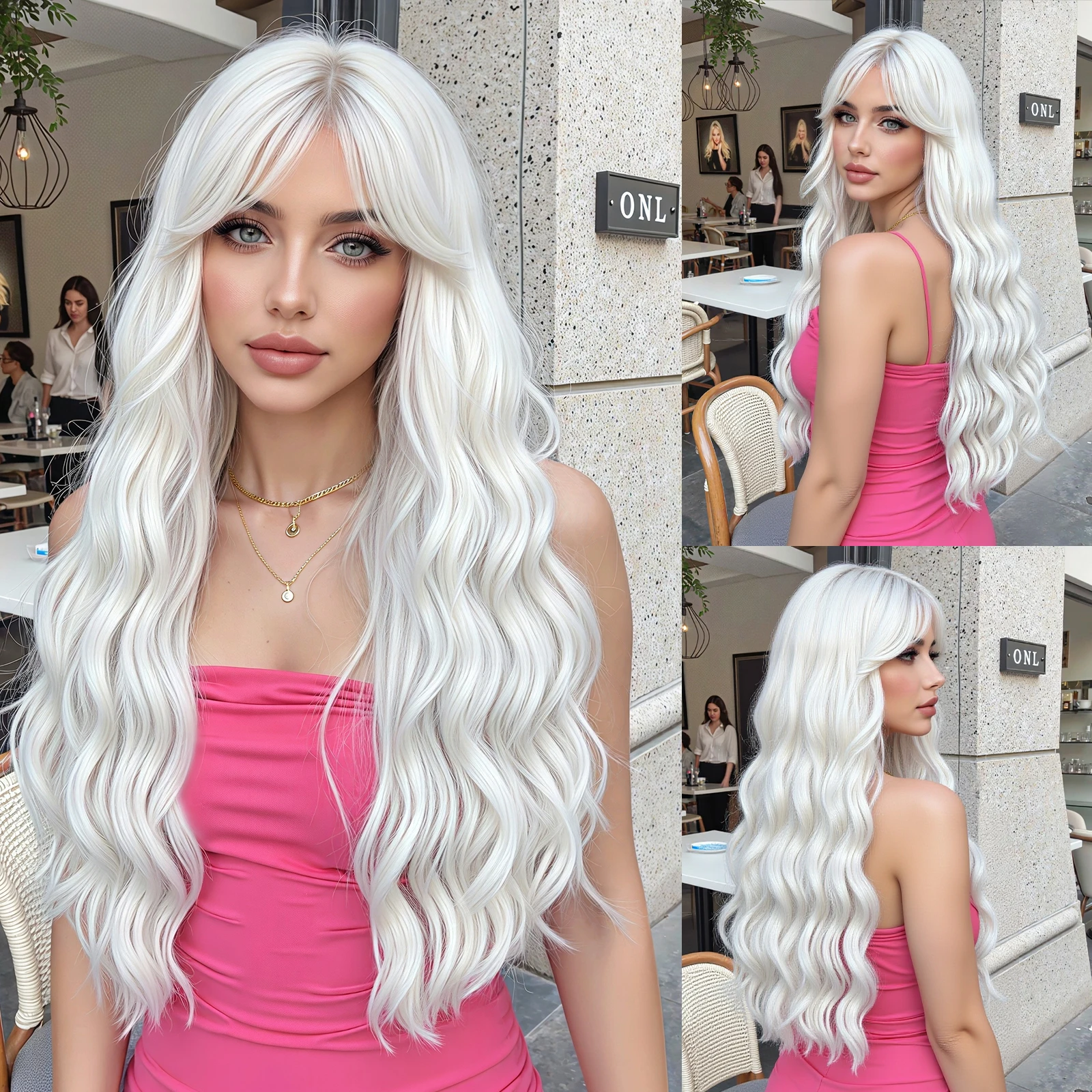 

Super Long Curly Silver Synthetic Wig with Medium Part Bangs White Water Wave Hair Wigs for Women Daily Use Cosplay Colored Wig