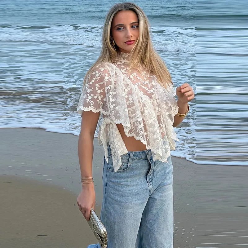 2026 Summer Female New Streetwear Solid Color Lace-up Stand Collar See-through Cropped Tops Women's Sexy Lace Cloak-style Top
