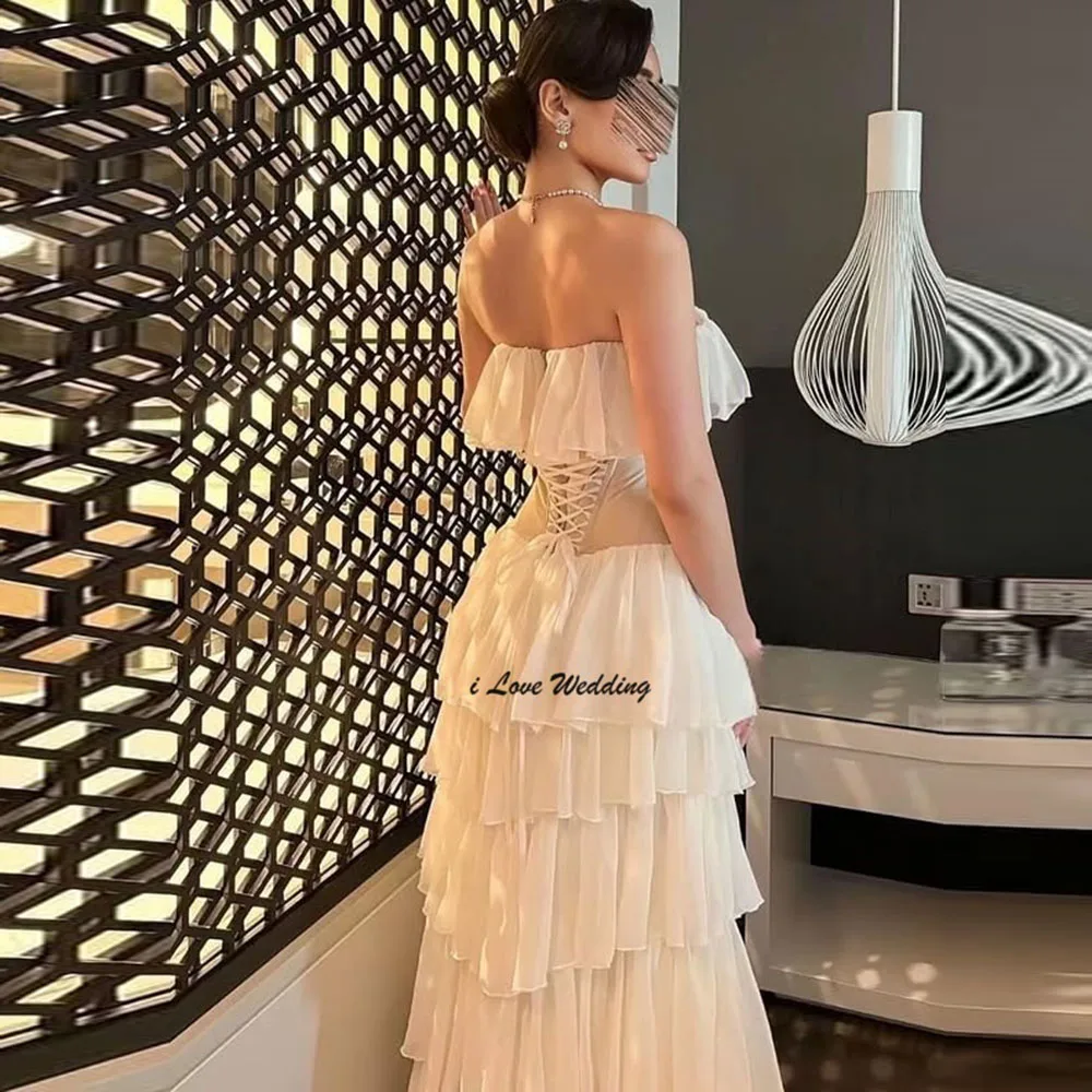 

Modest Boat Collar Chiffon Tiered Ruffles A-line Saudi Dress Lace up Back Floor Length Evening Dress with Train Customized