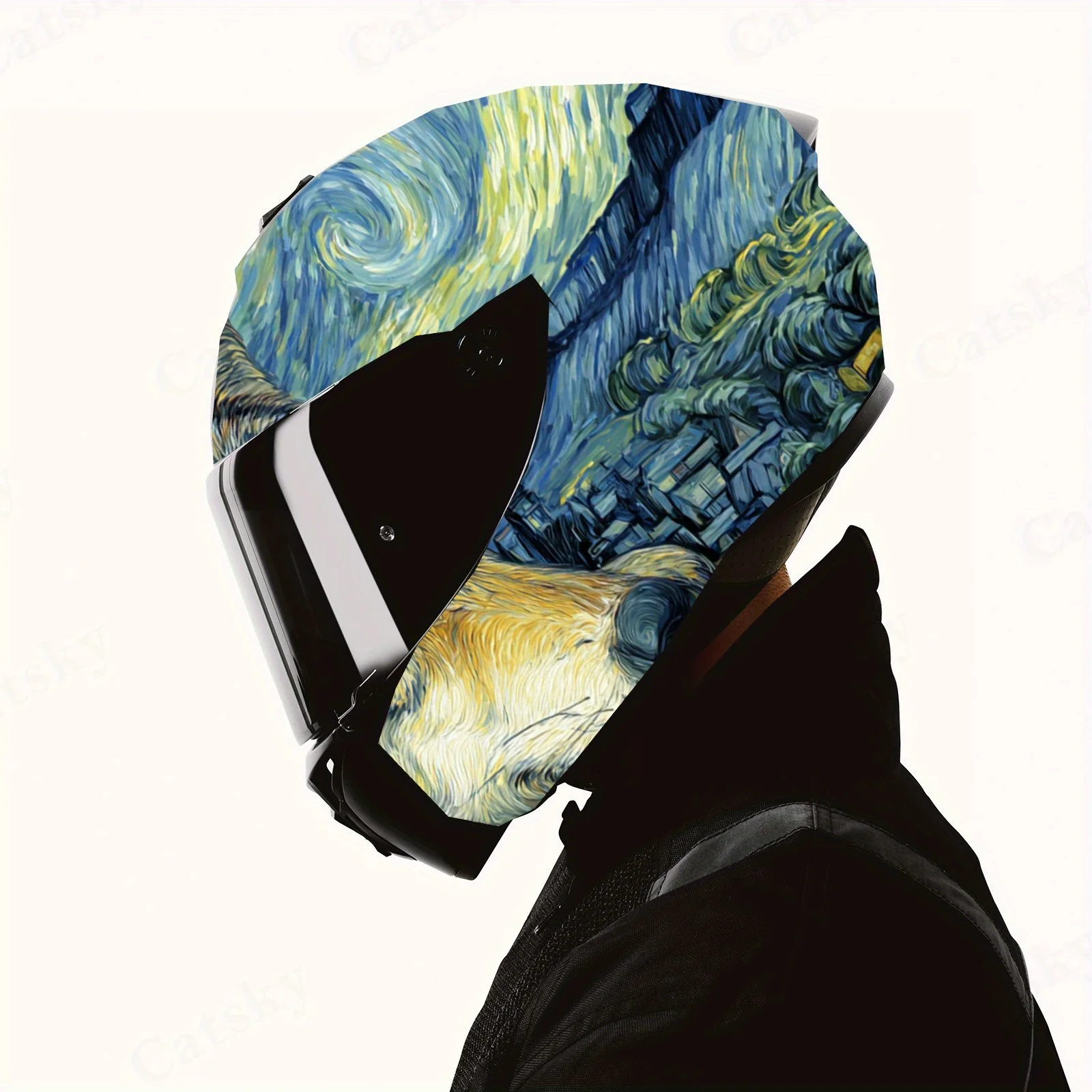 Epic Art - Fusion Wolf Van Gogh Starry Night PVC خوذة دراجة نارية من الفينيل، ملصق مقاوم للماء ذاتي اللصق، مضاد للخدش