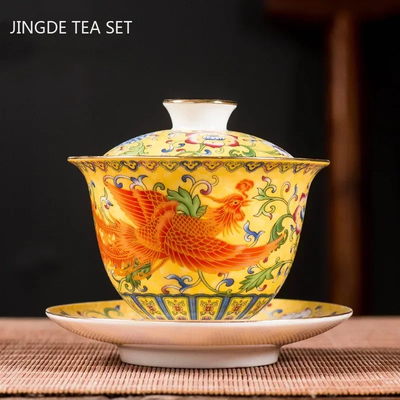 Ceramics Sancai Gaiwan Bowl Dragon and Phoenix Master Cup Tea Cup Handmade Enamel Color Tea Bowl High-end Respect Tea Set