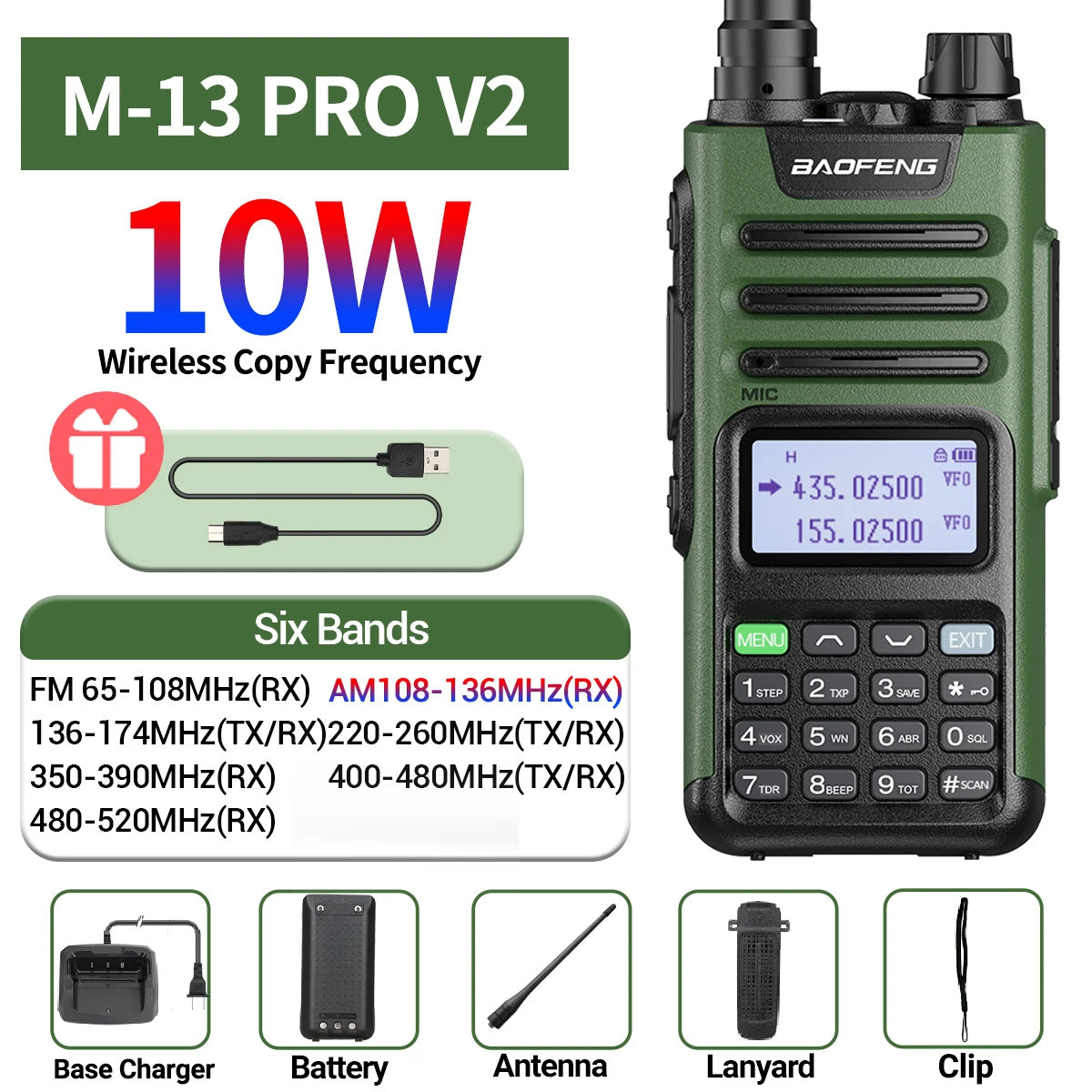 BaoFeng M-13 PRO V1 V2 High Power Multi Band Walkie Talkie Type C Oplader Lange afstand Verbeterde UV-13 PRO V1 V2 Ham Tweerichtingsradio