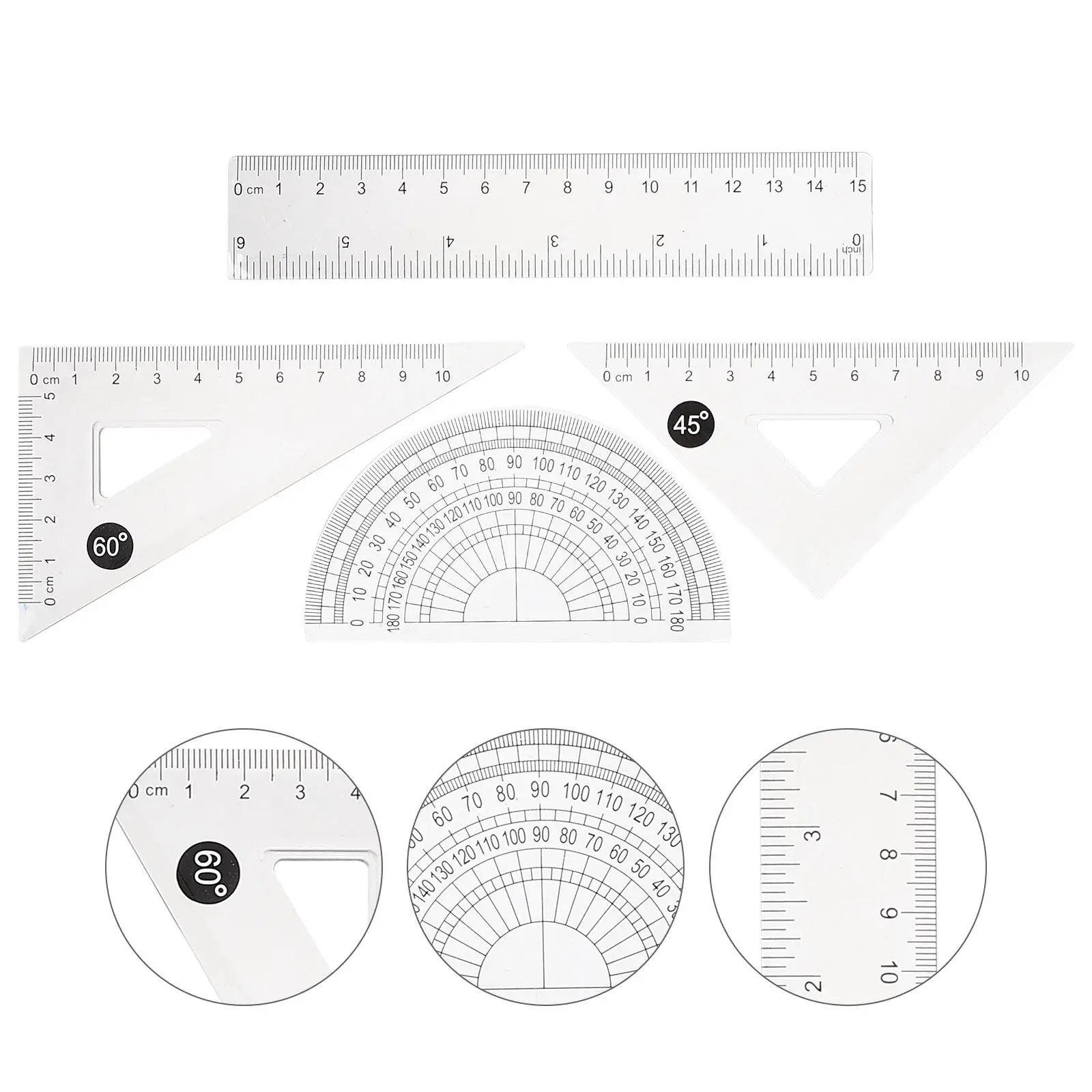 4Sets Drawing Ruler Geometry Set Ergonomic Plastic Ruler Triangle Protractor Measuring Kit for Students Designers Architects