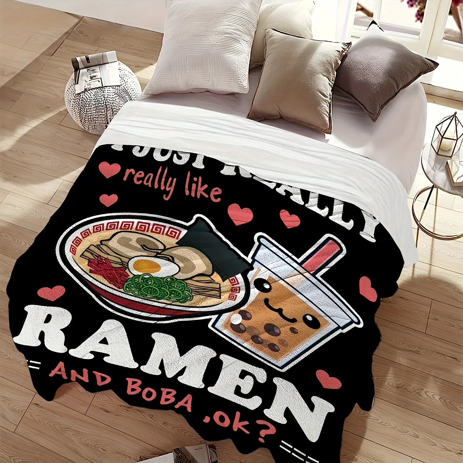 Customization 1pc Preppy Style Cartoon Ramen & Boba Print Flannel Blanket - Super Soft, Tear Resistant, All Seasons Multipurpose
