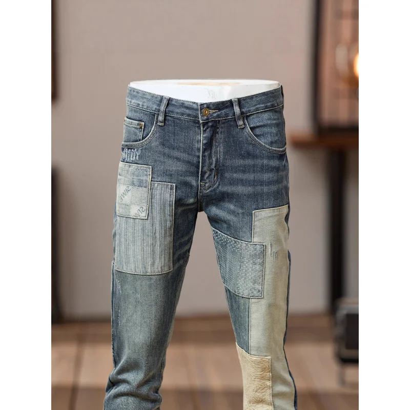 Vaqueros vaqueros de tela empalmada para hombre en otoño de 2025, nueva tendencia urbana, pantalones de pierna pequeños ajustados retro y frescos