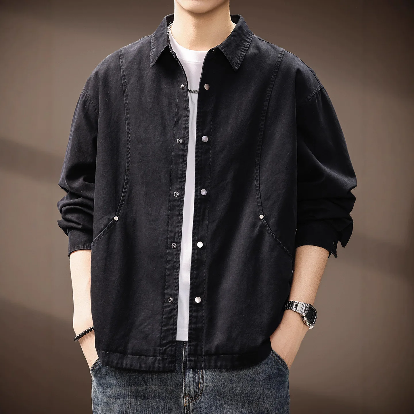 American Japanese New Fashion Men Heavy Duty Simple Basic Casual Trendy Black Apricot Long Sleeve Turn-down Collar Shirt Coats