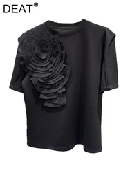 DEAT t-shirt da donna 3d plissettate Flower Design tinta unita manica corta o-collo sottile t-shirt causale 2024 autunno nuova moda 11 xx8936