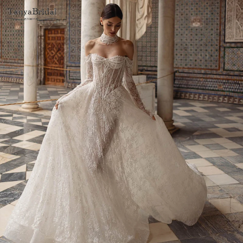 

Свадебные платья с открытыми плечами и длинными рукавами, роскошное кружевное свадебное платье A Line с жемчугом DW1058