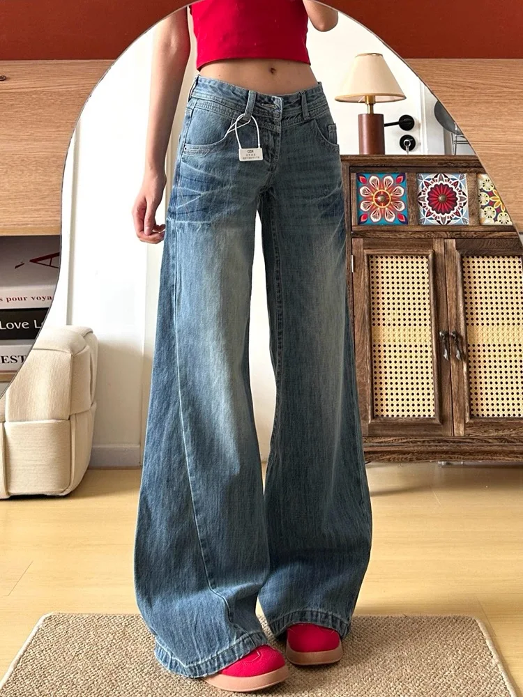 American Vintage Washed Wide Leg Jeans for Women Summer New Low Rise Loose Slim Non Stick Flare Floor Length Pants view 2