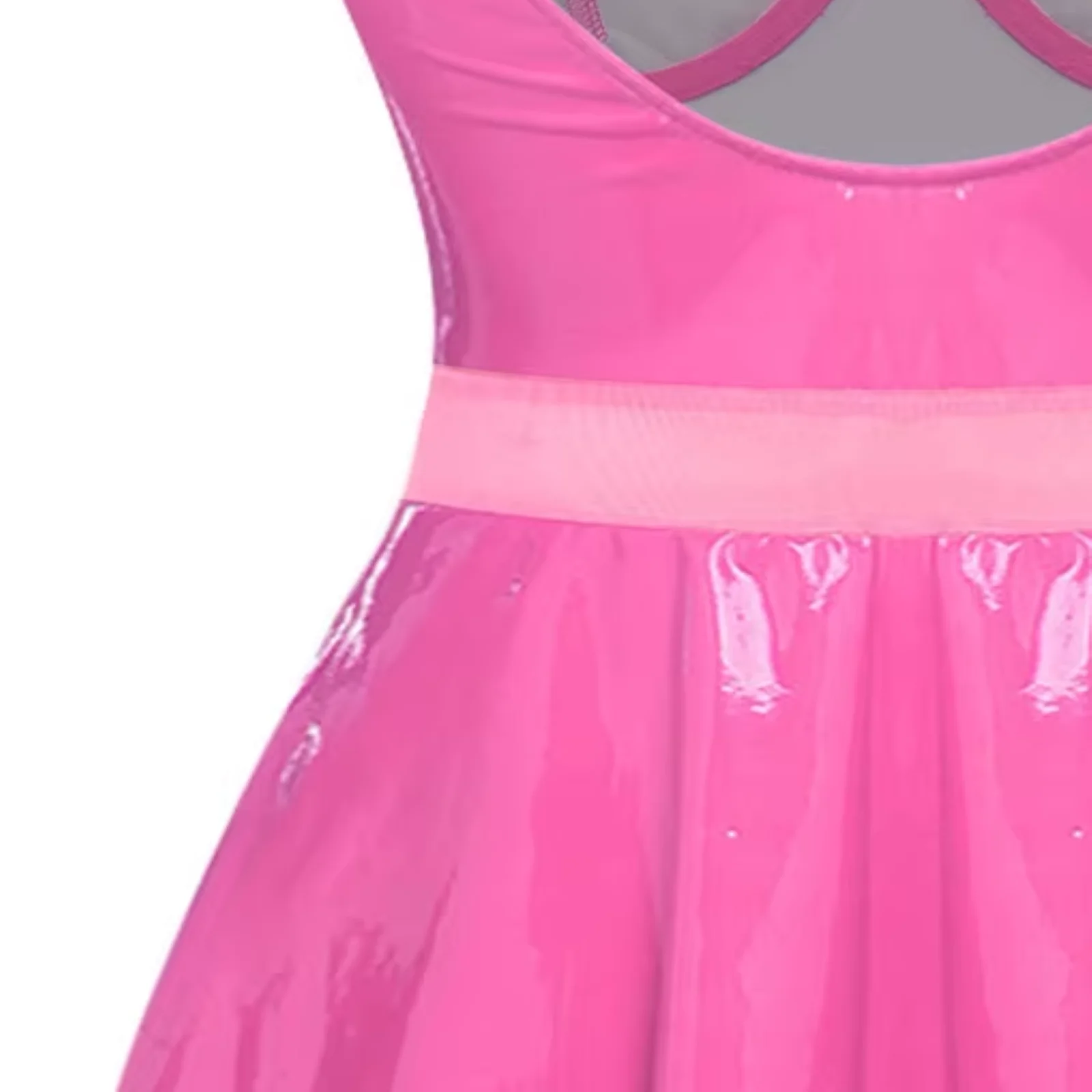 Glänzendes PU-Minikleid für Damen, rückenfrei, vorne ausgeschnitten, Push-up, Bügel-BH, transparentes Mesh, Patchwork, plissierter Saum, Kleider für Raves und Clubwear