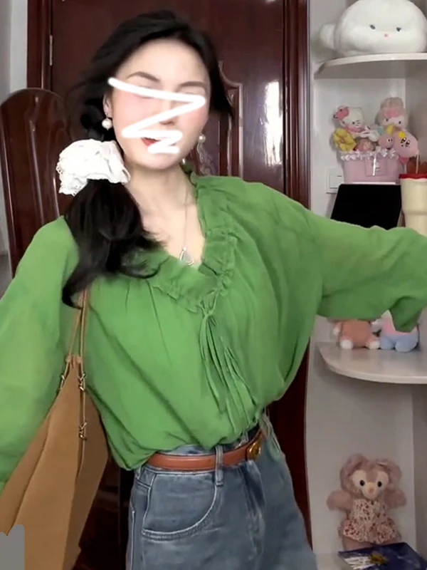 

Spring een Loose Long Sve V-Ne Women's irt Beautiful Lace-Up oulder Ele Top Lantern Sve Pure Color Casual Wear