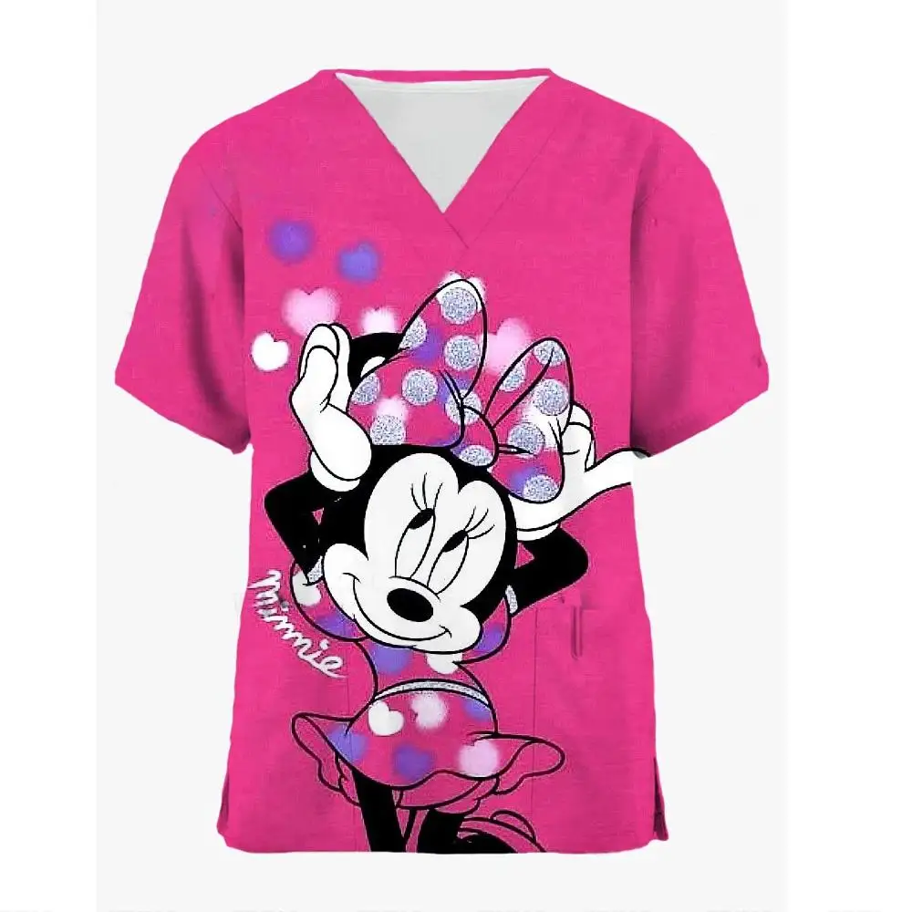 Disney Mickey Mouse Print Nurse Medical Uniforms V-neck Short Sleeve Pocket Workwear Top Scrubs Accessories Uniform