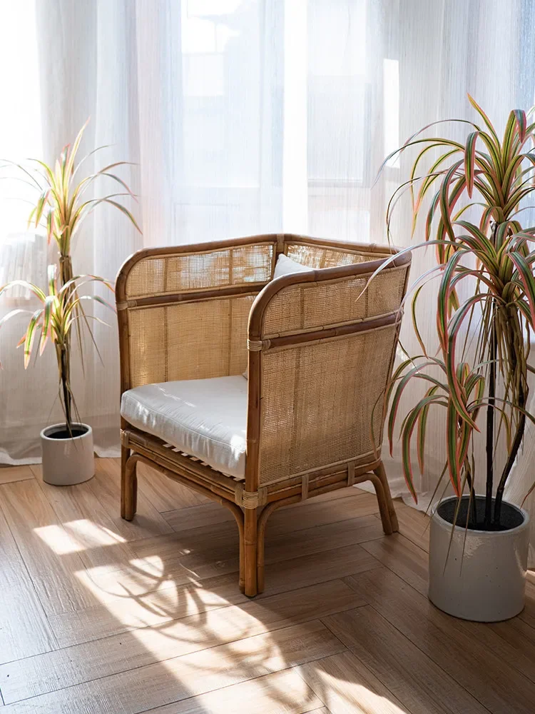 Rattan sofa natural rattan living room balcony leisure chair medieval back chair Japanese simple homestay single rattan chair