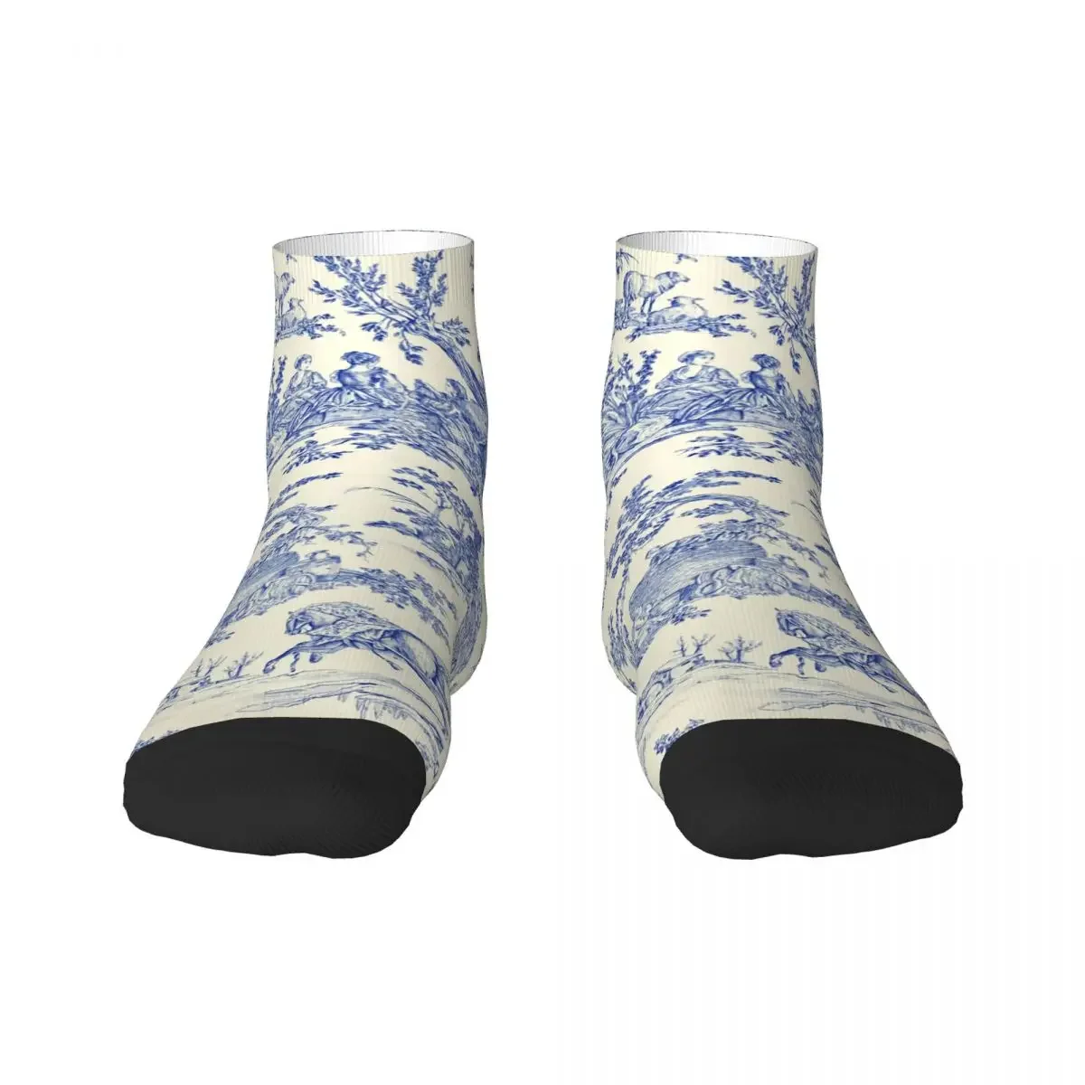 Traditional Navy Blue French Toile De Jouy Motif Pattern Men's Crew Socks Unisex Fun 3D Print Dress 