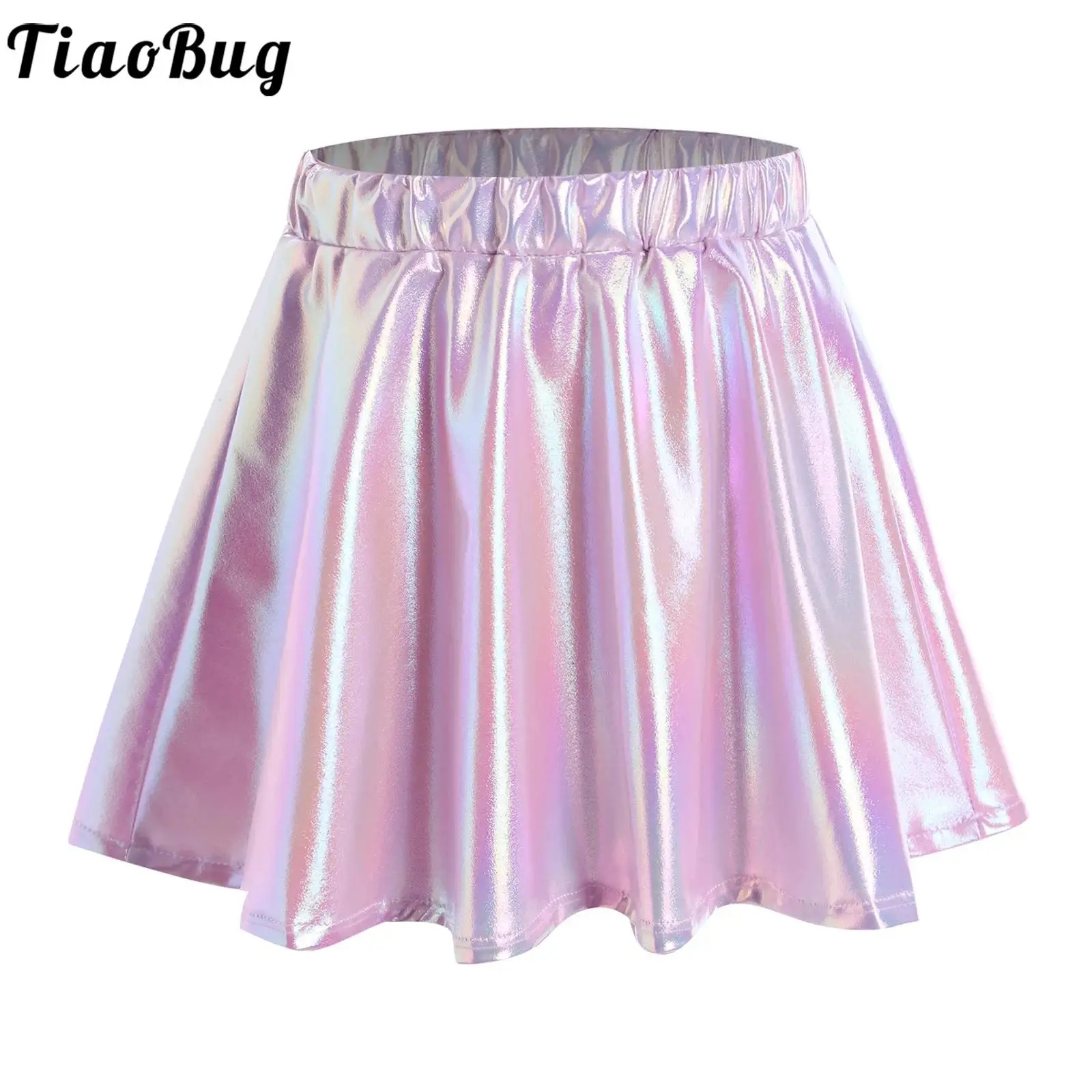 Falda metálica brillante para niñas, minifalda acampanada con cintura elástica, faldas atléticas para patinadora y patinete para baile de Jazz y porristas