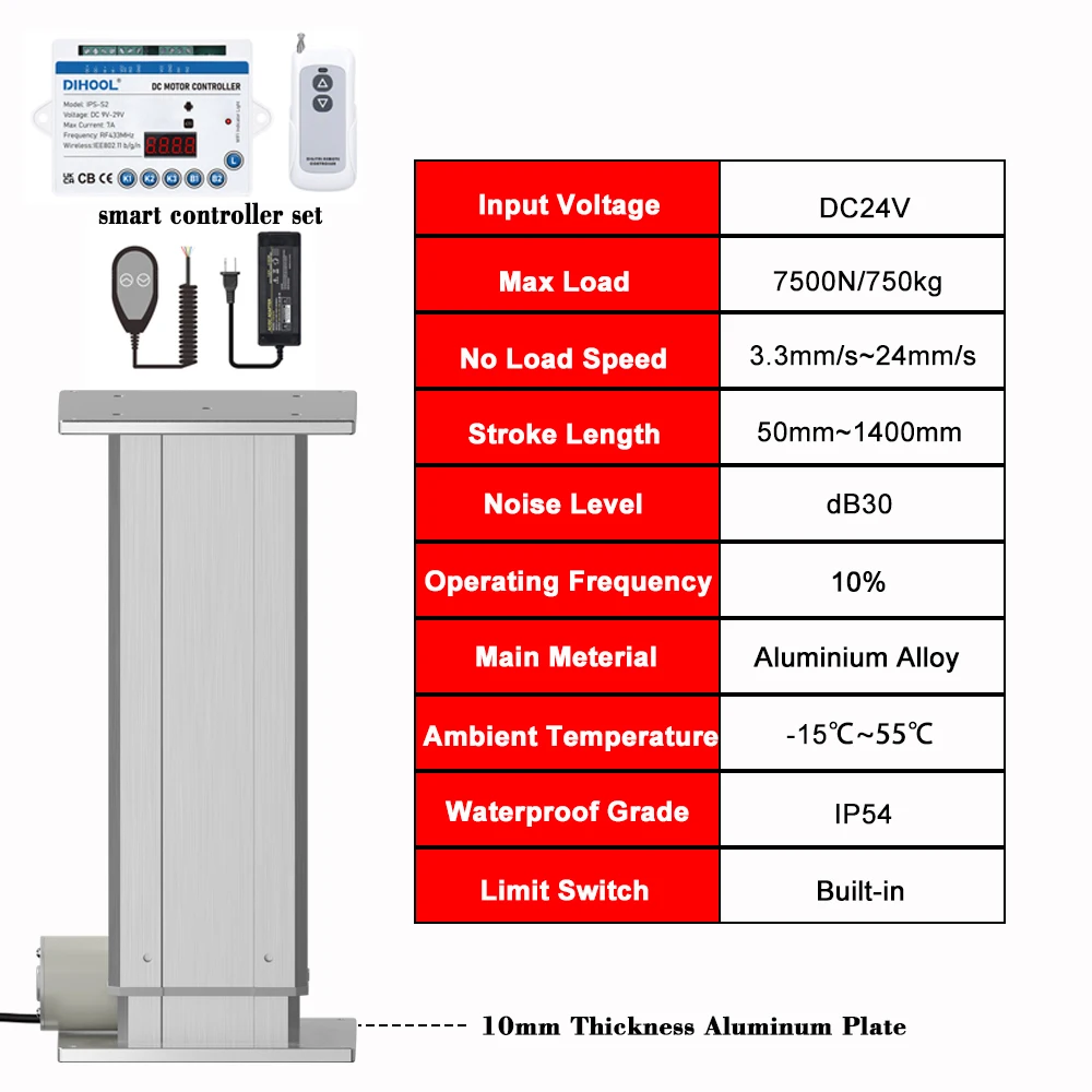 Imagem -05 - Coluna de Elevação Elétrica com Controlador de Aplicativo Controle Manual Plataforma Motor dc 24v Carga 750kg Curso 50 Mm1400 mm 7500n