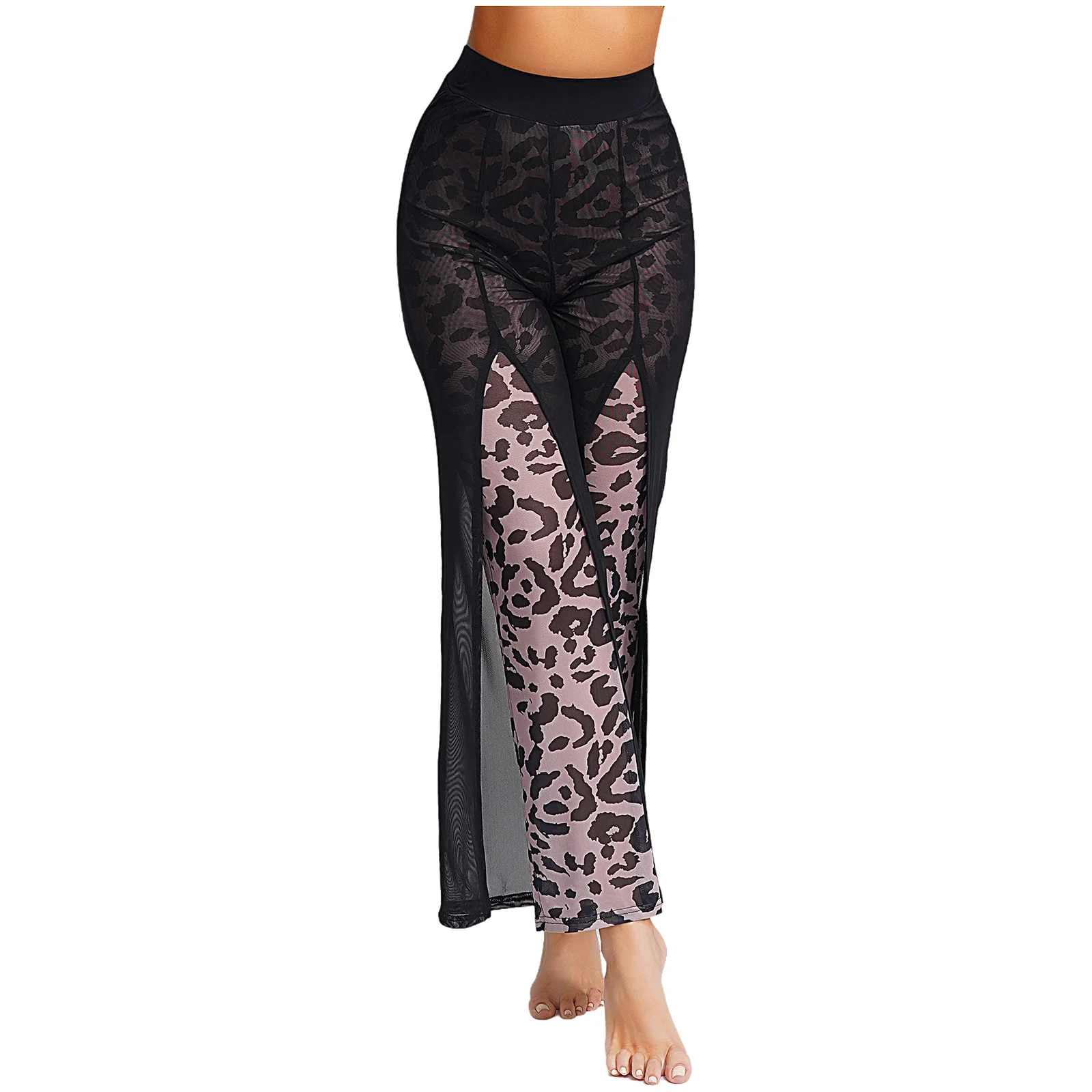 

Women Stylish Sheer Mesh Patchwork Leopard Print Pants Elastic Waist Slit Wide Leg Pants Latin Modern Dance Costume Trousers