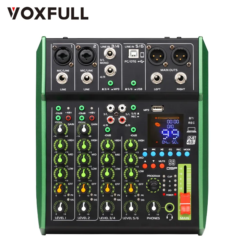 6 Channels Professional Studio Audio Mixer USB DJ Sound Mixing Console 48V Phantom Powers Monitor Amplifier