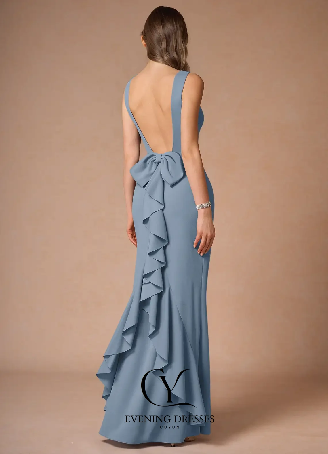 CUYUN Vestidos de noche con volantes y espalda descubierta, vestido largo para mujer, vestido de fiesta sin mangas de sirena personalizado para ocasiones especiales