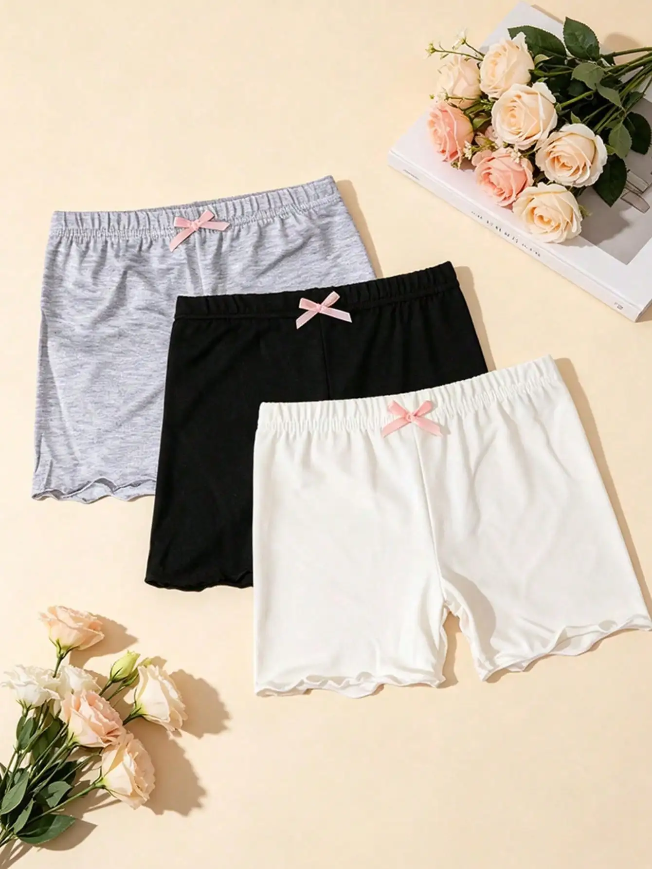 3Pcs Girls Modal Safety Shorts 2-10Y Anti-Exposure Bow Decor Kids Shorts For School Uniform, Playdates & Beach Days