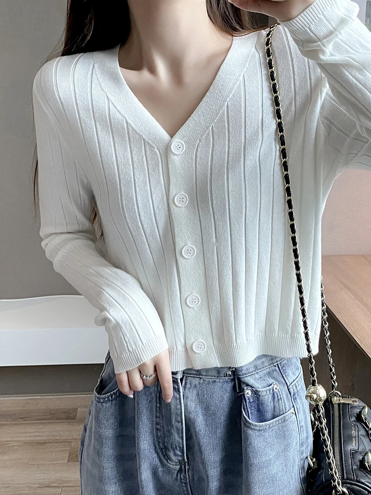 

2023 Autumn New Fashion Short Women Knitted Cardigan Simple V-neck Female Sweater Coat