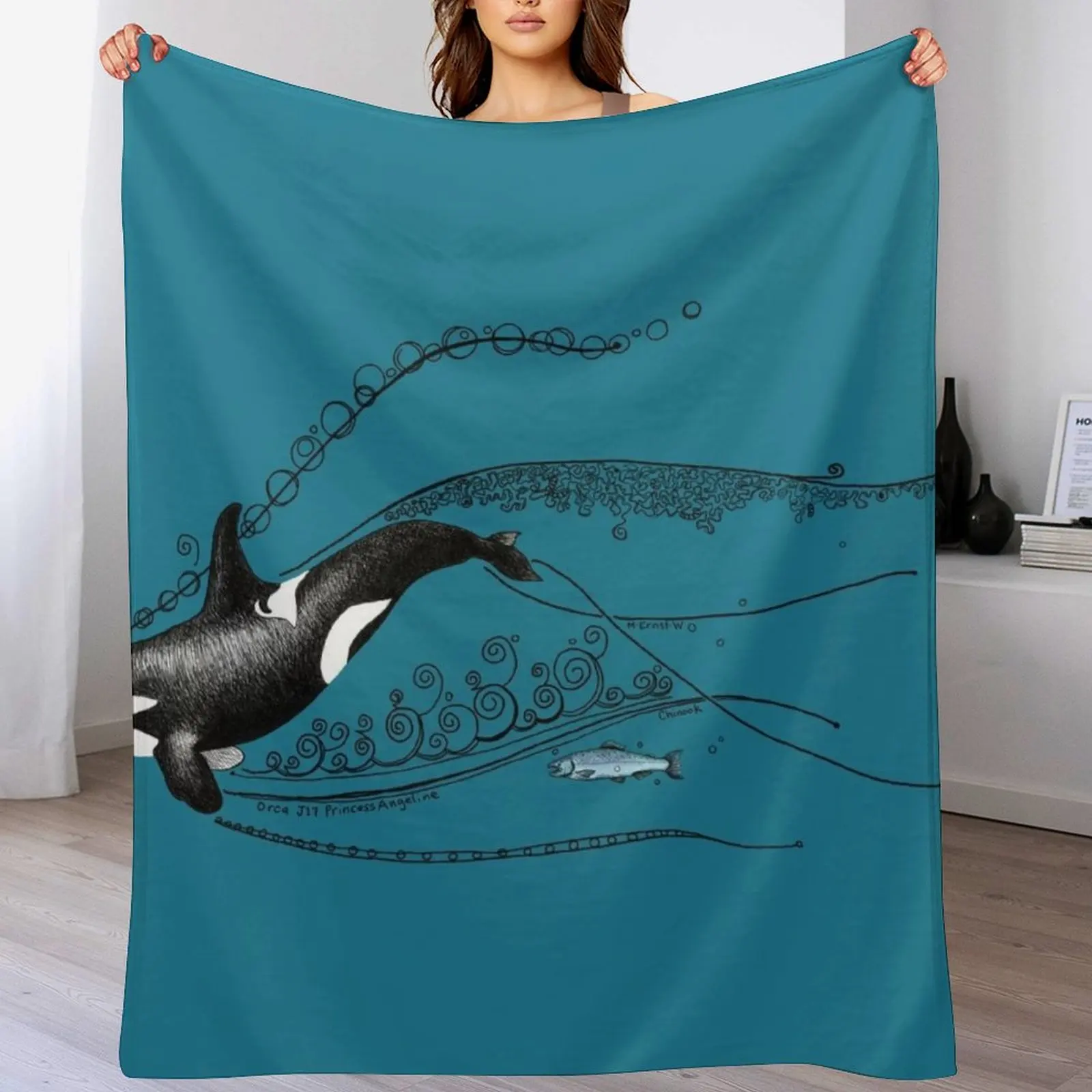 Orca and Salmon Doodle Throw Blanket Thin Multi-Purpose Cute Plaid decorative Blankets