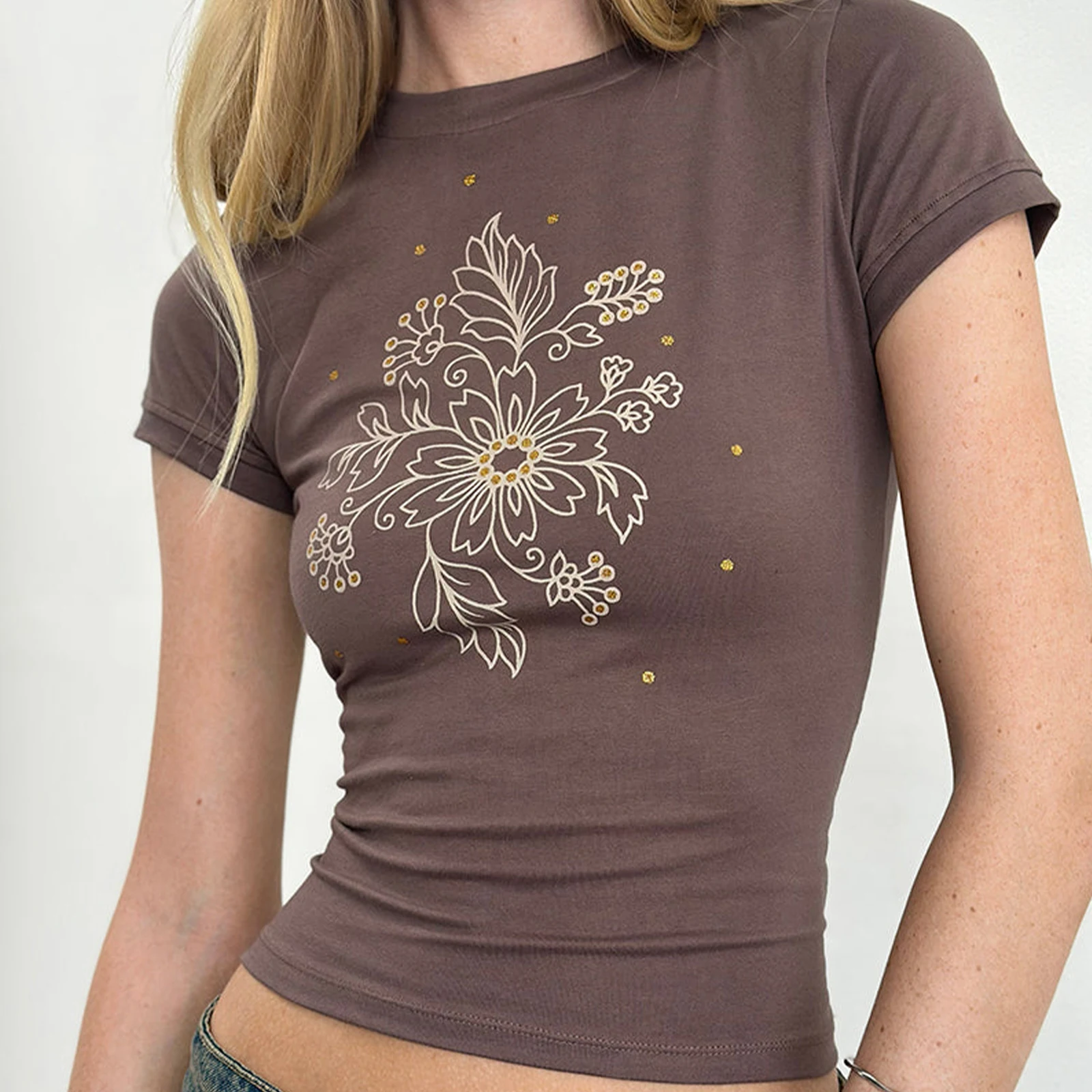Women's Summer Slim Cropped Tops Retro Floral Print Short Sleeve Round-Neck Show Navel T-Shirt