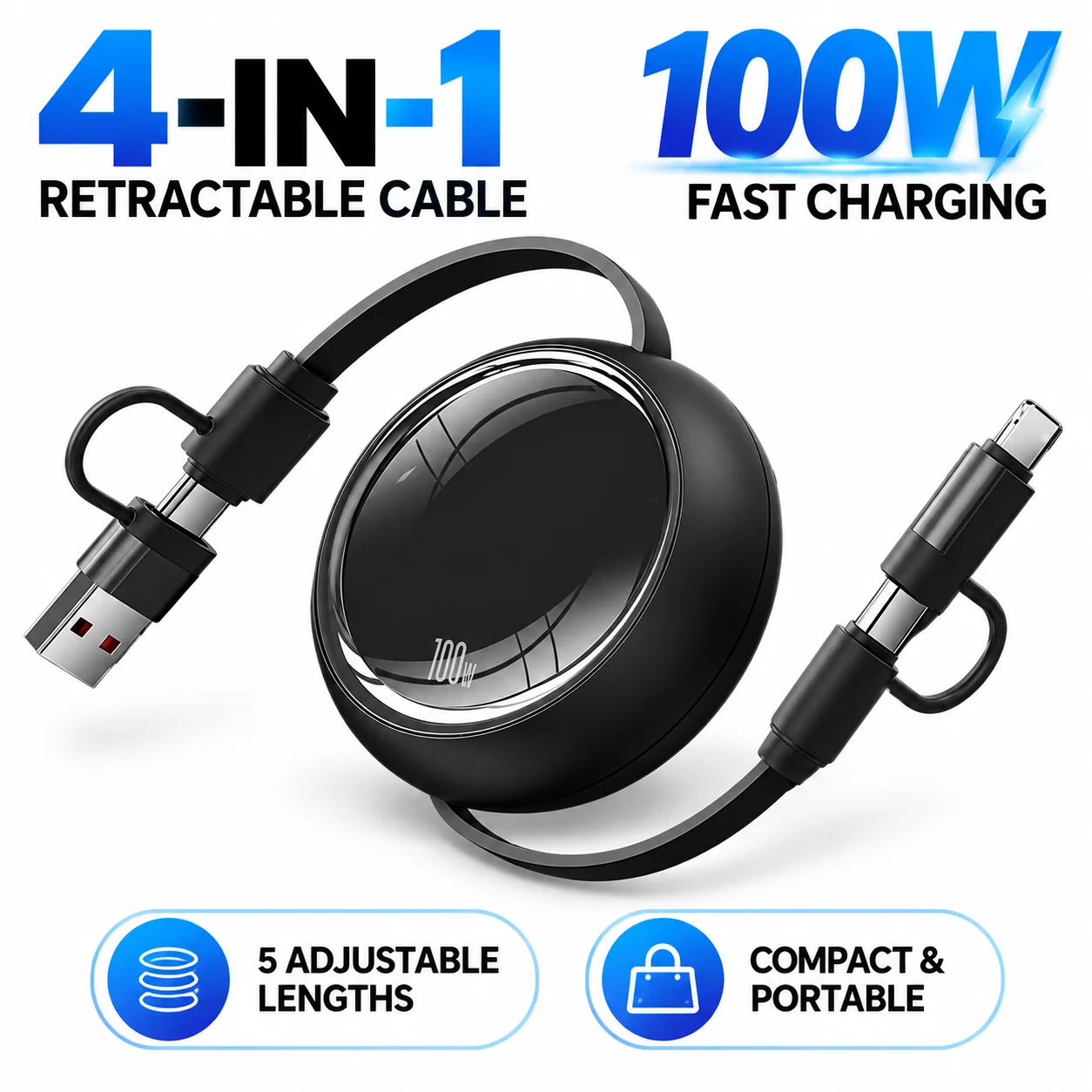 100W 4 in 1 Retractable Car Charging Cable Tangle Free USB A Type C to Lightning USB C for iPhone Huawei Xiaomi Android