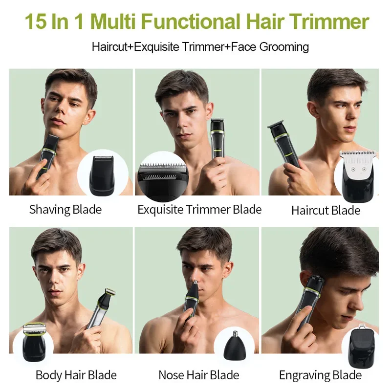 RESUghts-Tondeuse à cheveux multifonctionnelle pour hommes, machine de découpe de cheveux étanche IPX5, charge rapide USB, tondeuse pour hommes, 15 en 1