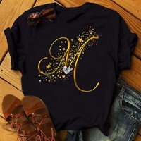 Custom Name Letter Combination Fashion Women T-shirt Diamond Gold Letter Font A B C D E F G Short Sleeve Tops Black T-shirt