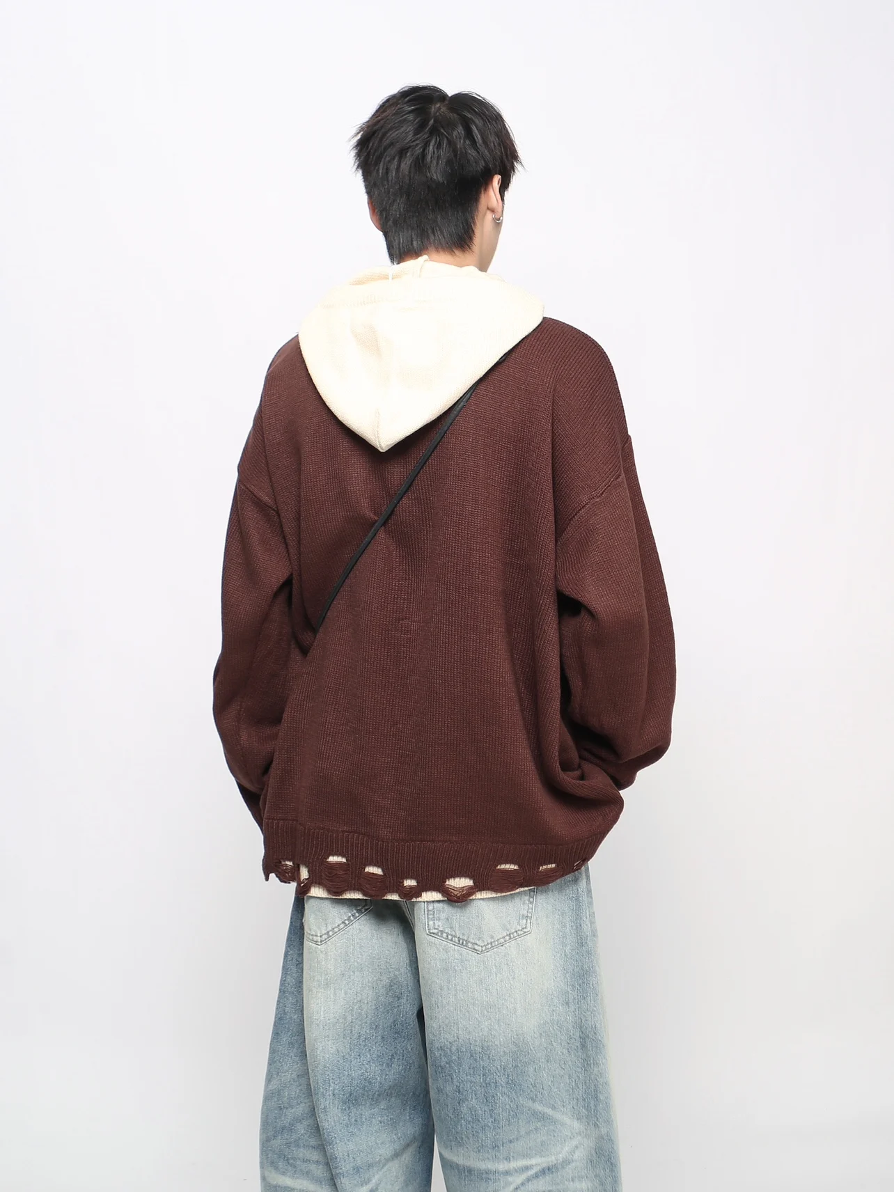 Spring and Autumn New American Retro Fake Two-Piece Brown Hooded Knitted Sweater Men Black Casual Cardigan Sweater