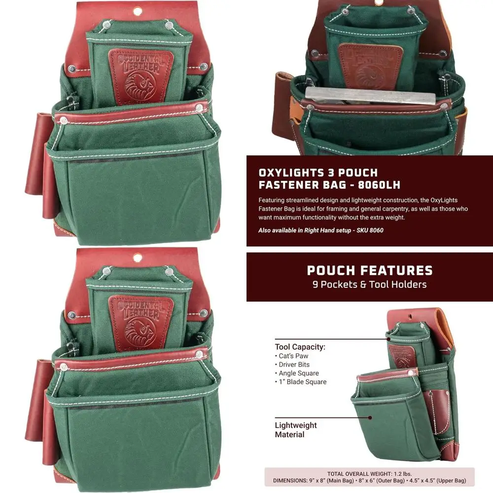 

Зеленая сумка-органайзер для инструментов с 9 карманами и креплениями, для левшей, с держателями для инструментов - OxyLights 3 Pouch - Сделано в США