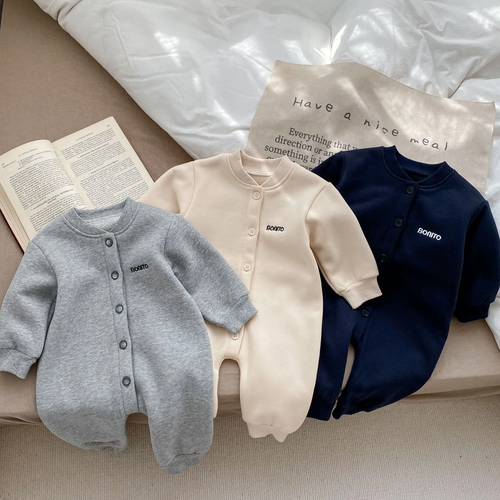 Winter New Baby Letter Embroidery Romper Long Sleeve Plus Velvet Thick Newborn Fleece Warm Jumpsuit Infant Boy Girl Clothes  123