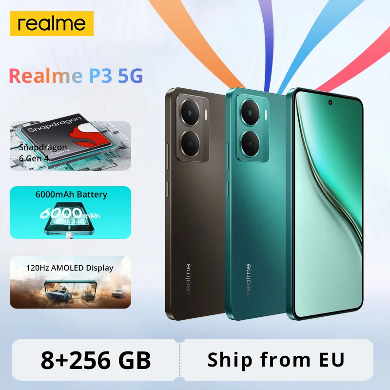 Version Globale du Smartphone Realme P3 5G, Snapdragon 6 Gen 4, Écran AMOLED 6.67'' 120Hz, Batterie 6000 mAh, Appareil Photo IA 50MP, IP69